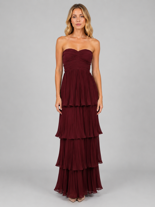 Abito Lungo Donna Strapless a Balze Bordeaux