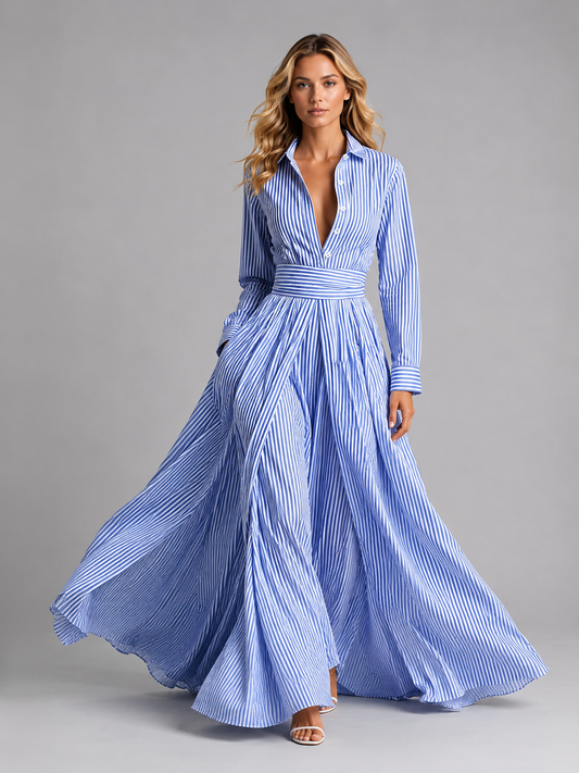 Abito Chemisier Lungo Donna a Righe Blu