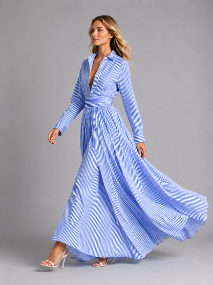 Abito Chemisier Lungo Donna a Righe Blu