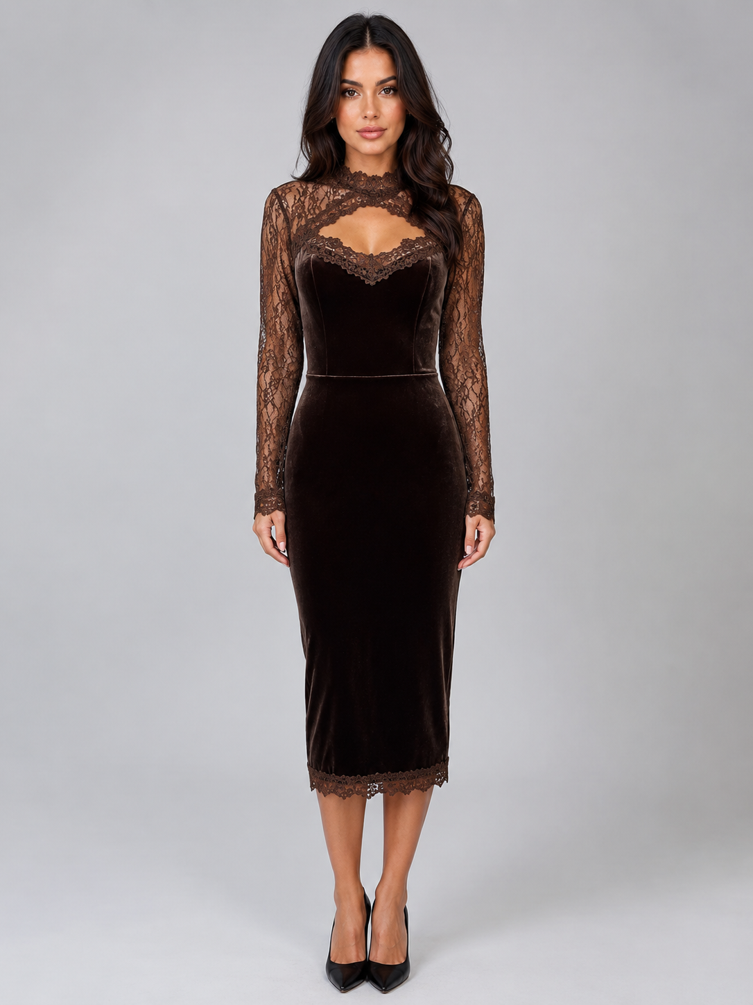 Abito Midi Donna in Velluto e Pizzo con Cut-Out
