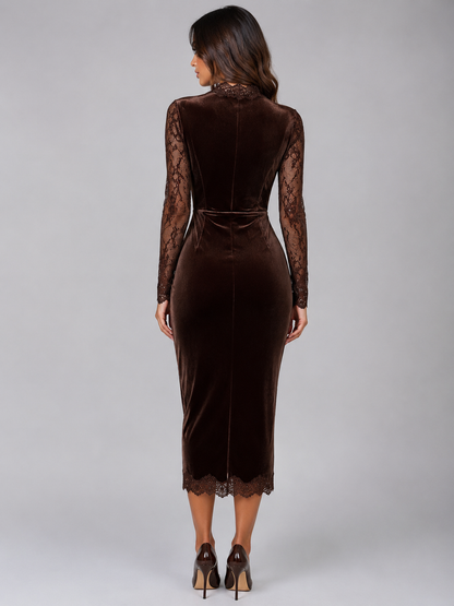 Abito Midi Donna in Velluto e Pizzo con Cut-Out