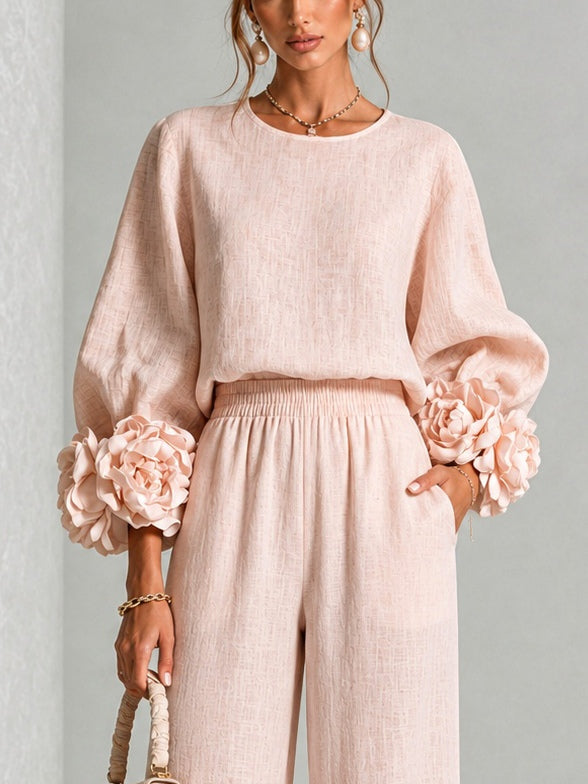 Romina | Completo Donna con Polsini Floreali e Pantalone Ampio