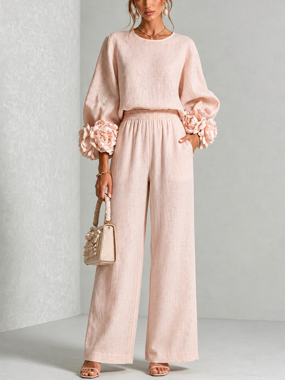 Romina | Completo Donna con Polsini Floreali e Pantalone Ampio
