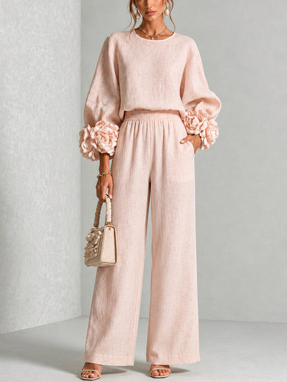 Romina | Completo Donna con Polsini Floreali e Pantalone Ampio