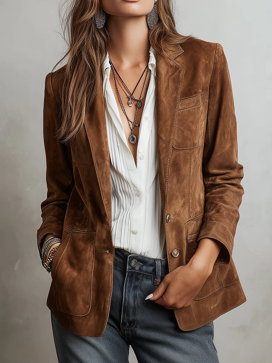 Cristina | Blazer Donna Marrone Vintage con Cuciture a Contrasto