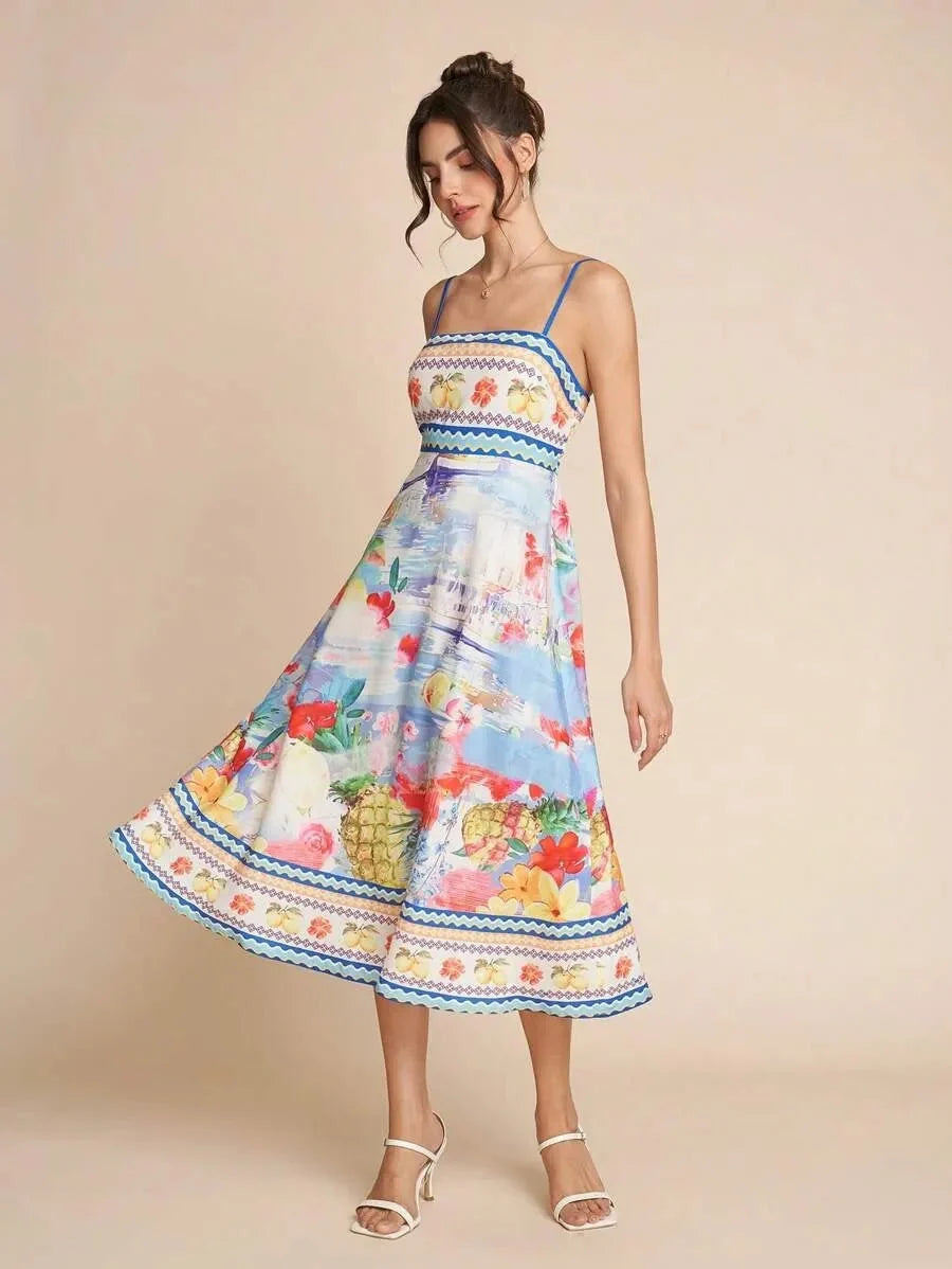 Abito Midi Donna Floreale con Scollo Rettilineo