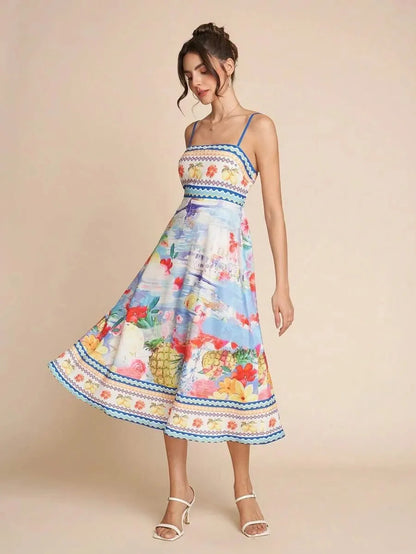 Abito Midi Donna Floreale con Scollo Rettilineo