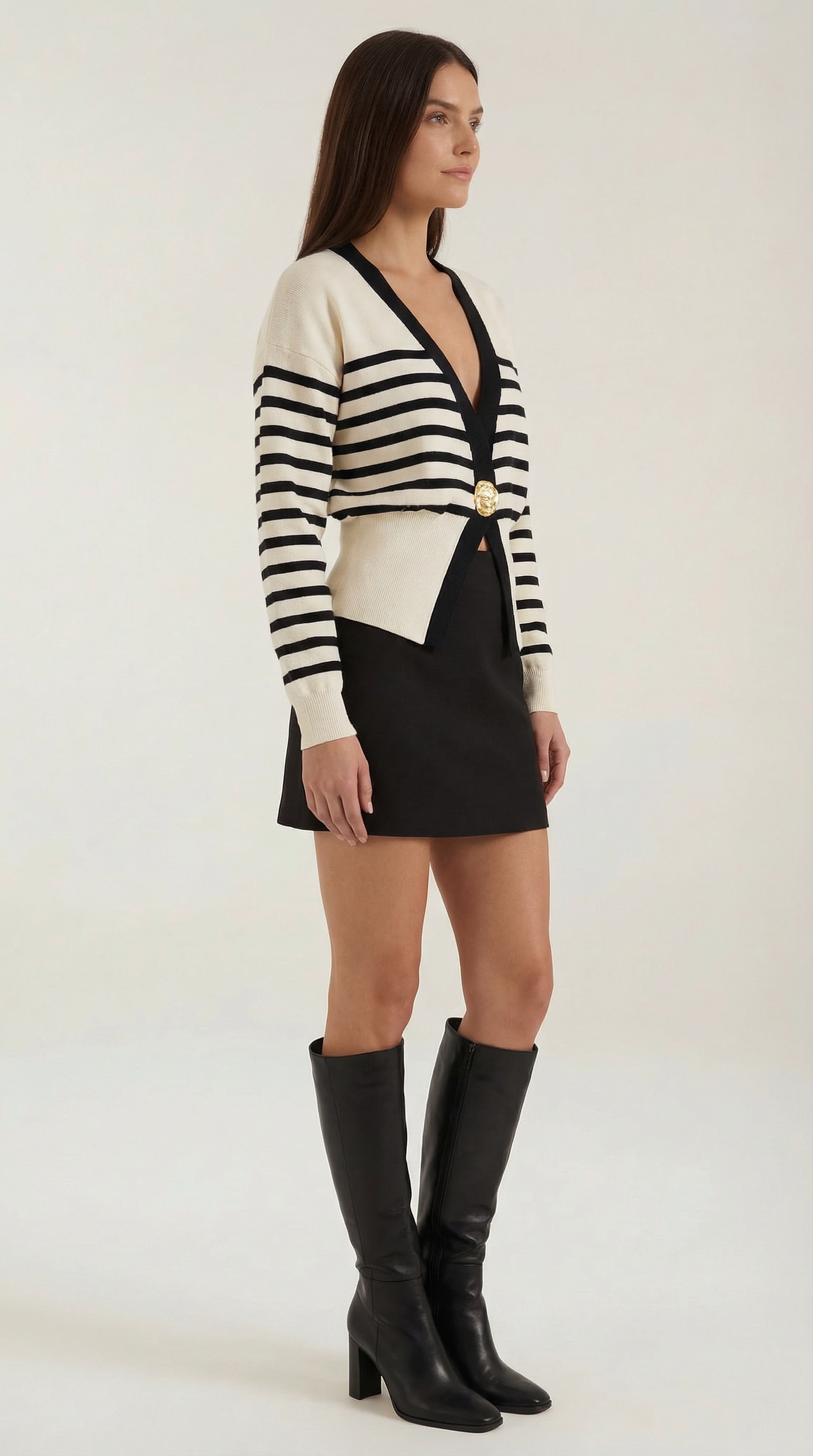 Cardigan Donna Scollo a V Profondo con Bottone Dorato