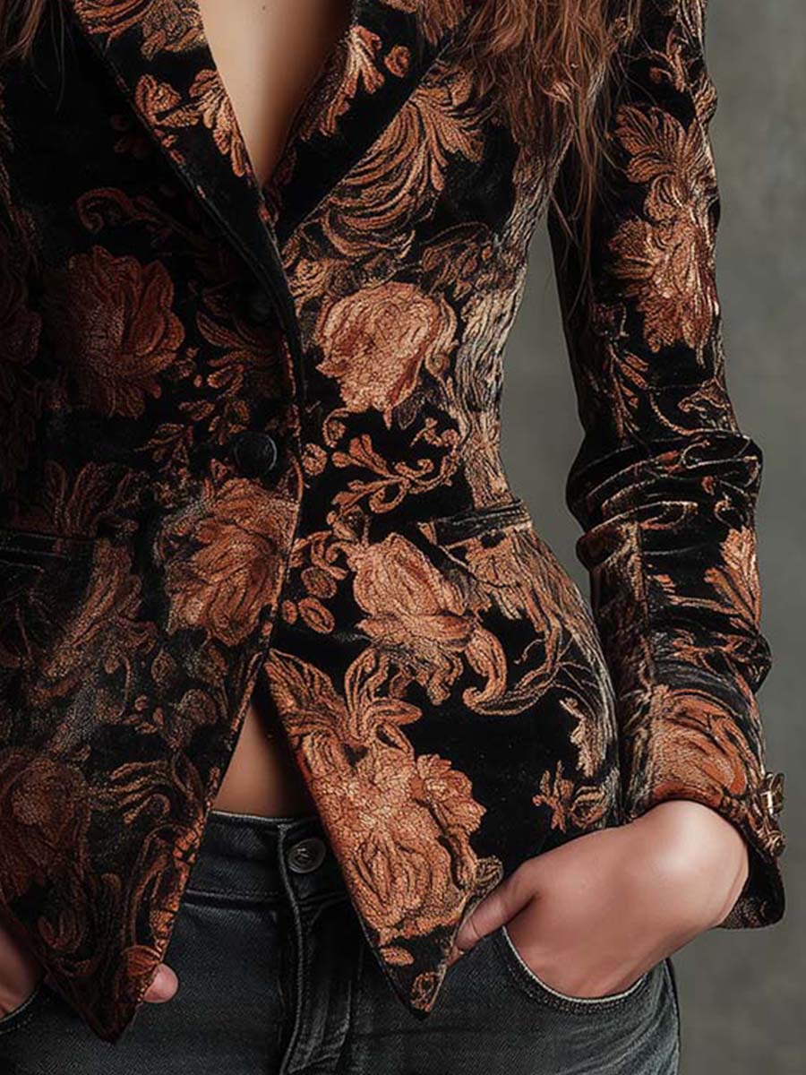 Celeste | Blazer Donna Nero con Stampa Floreale Bronzo
