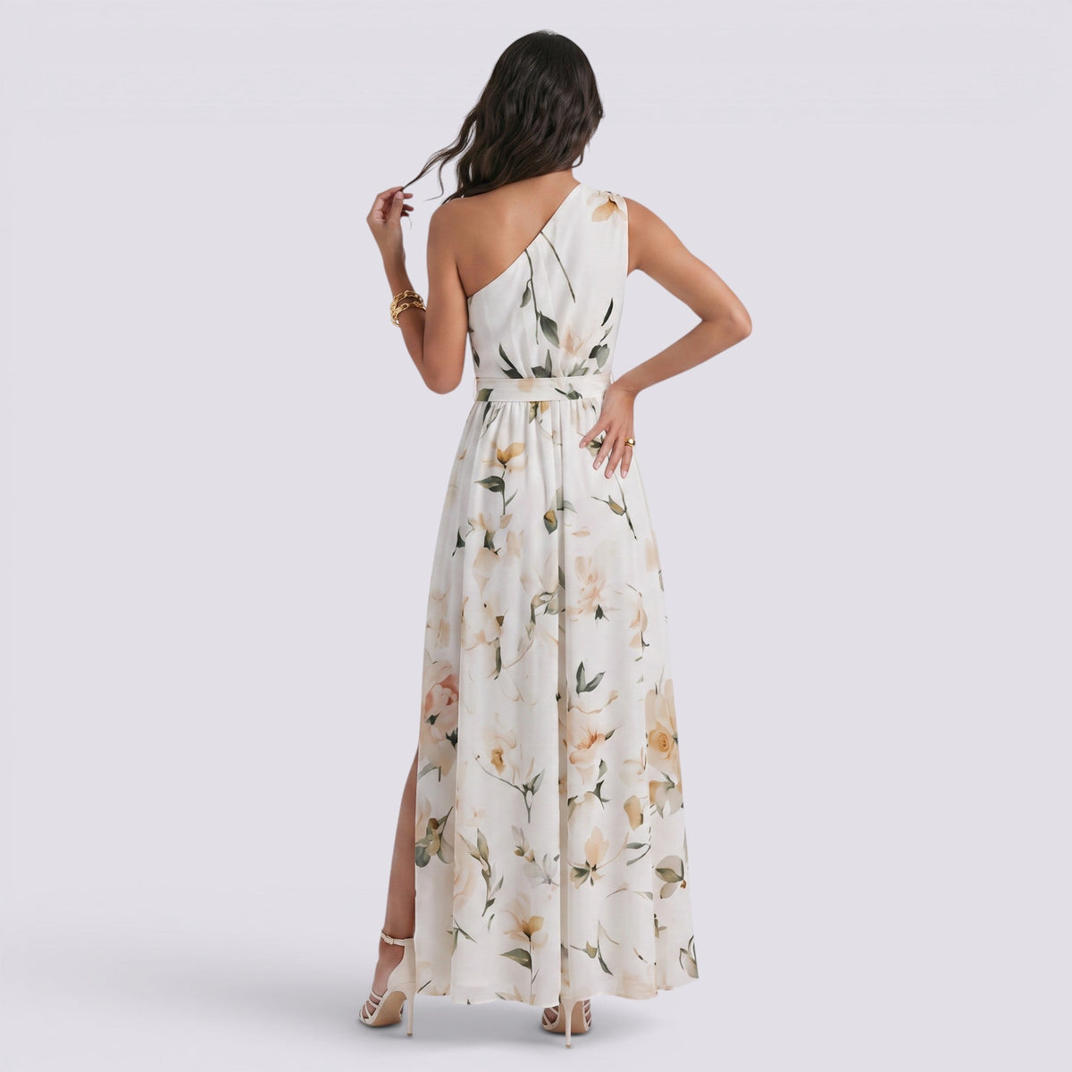 Abito Lungo Donna Stampato con Scollo Asimmetrico