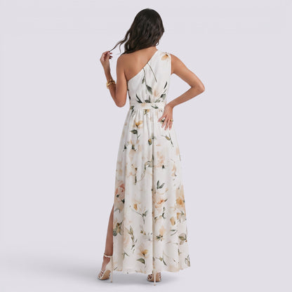 Abito Lungo Donna Stampato con Scollo Asimmetrico