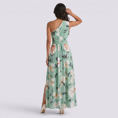 Abito Lungo Donna Stampato con Scollo Asimmetrico