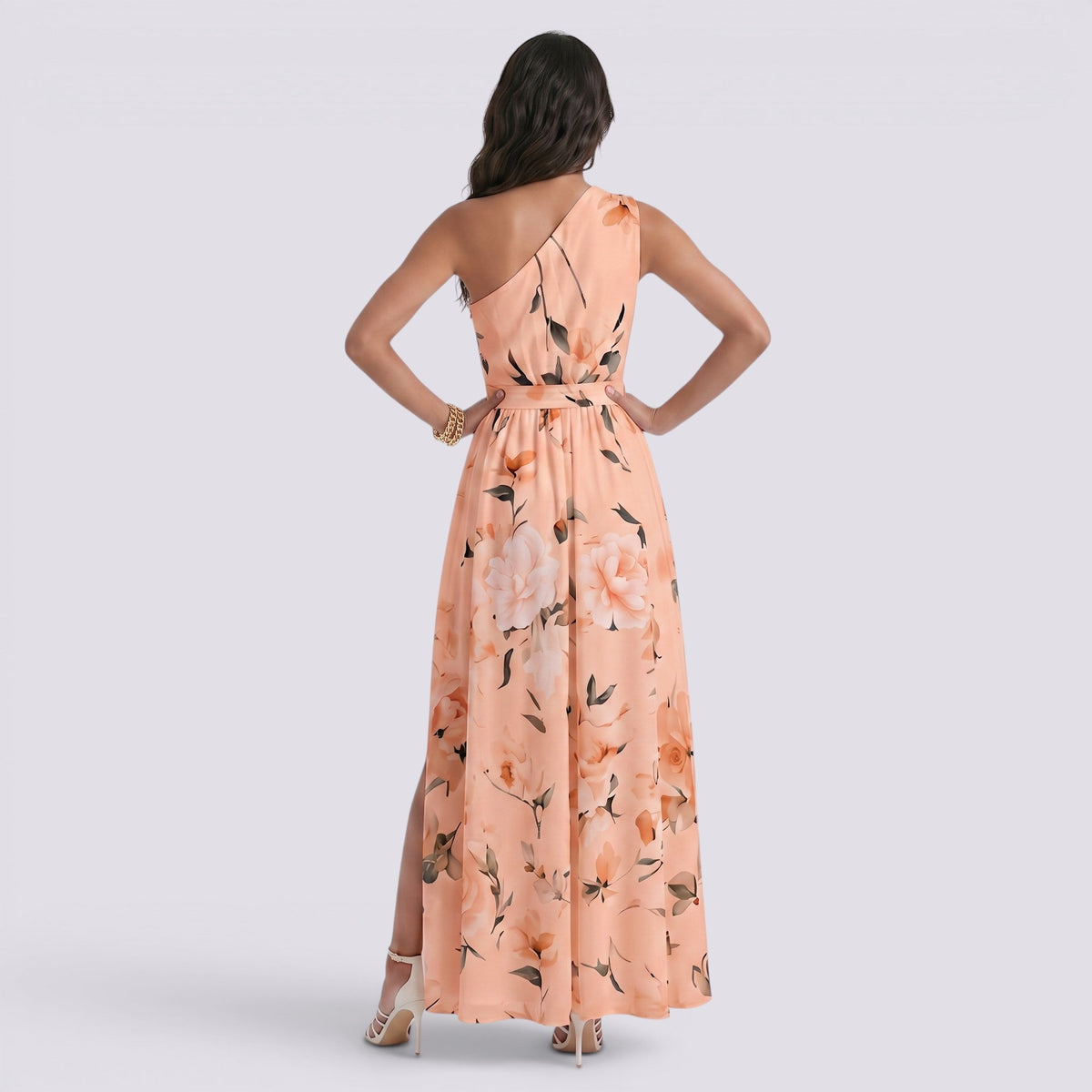 Abito Lungo Donna Stampato con Scollo Asimmetrico