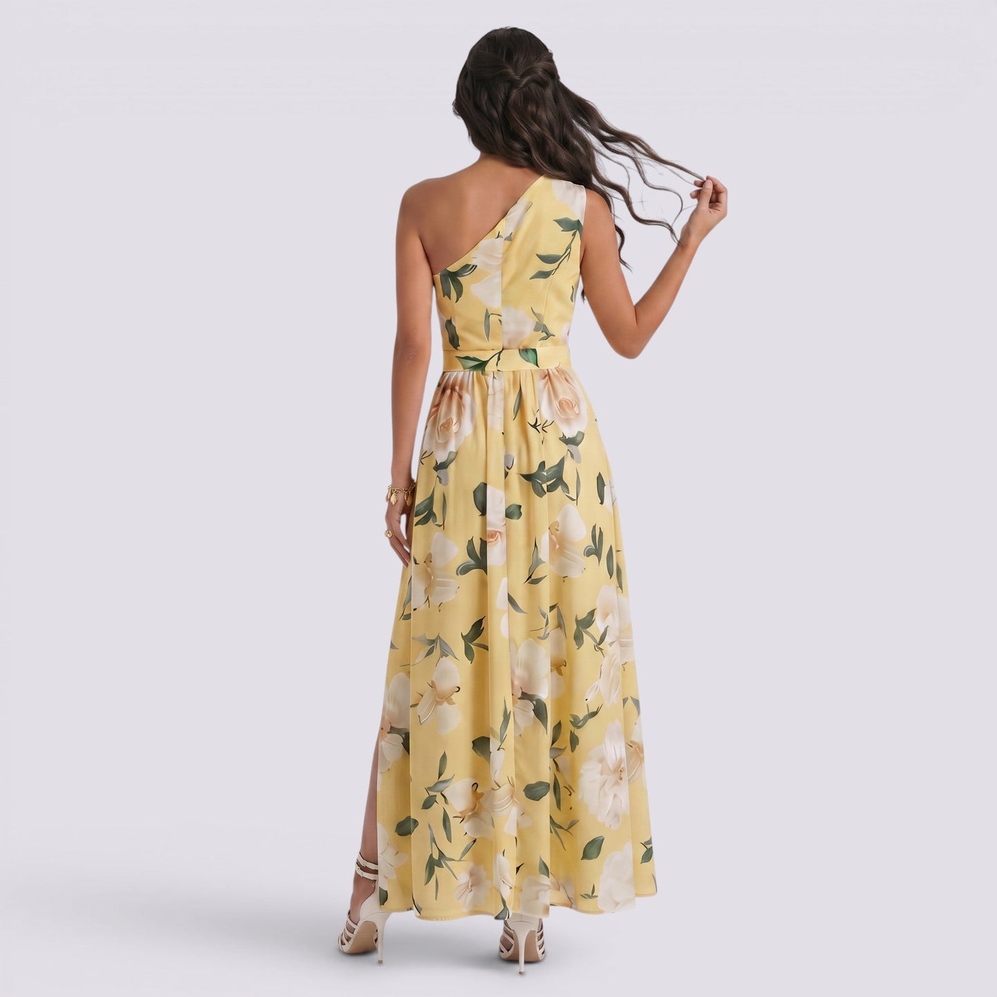 Abito Lungo Donna Stampato con Scollo Asimmetrico