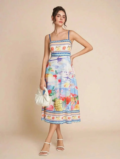Abito Midi Donna Floreale con Scollo Rettilineo