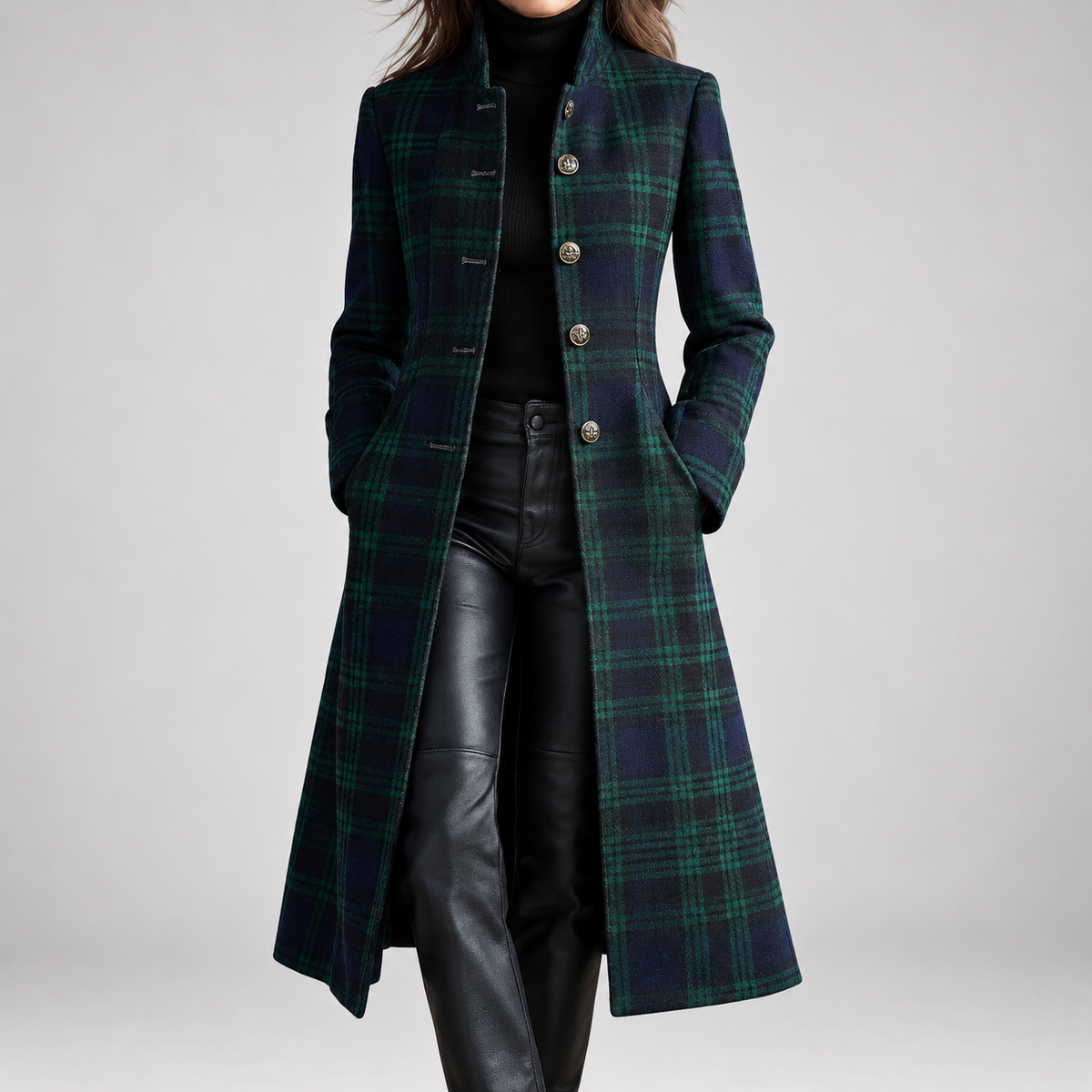 Rebecca | Cappotto Midi Donna a Quadri con Collo Alto