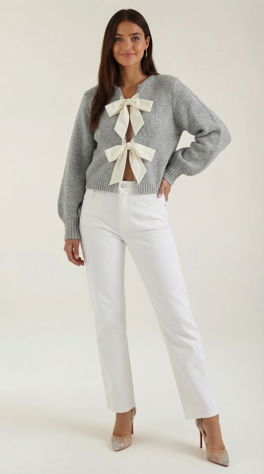 Top Donna in Maglia con Fiocco e Maniche Balloon