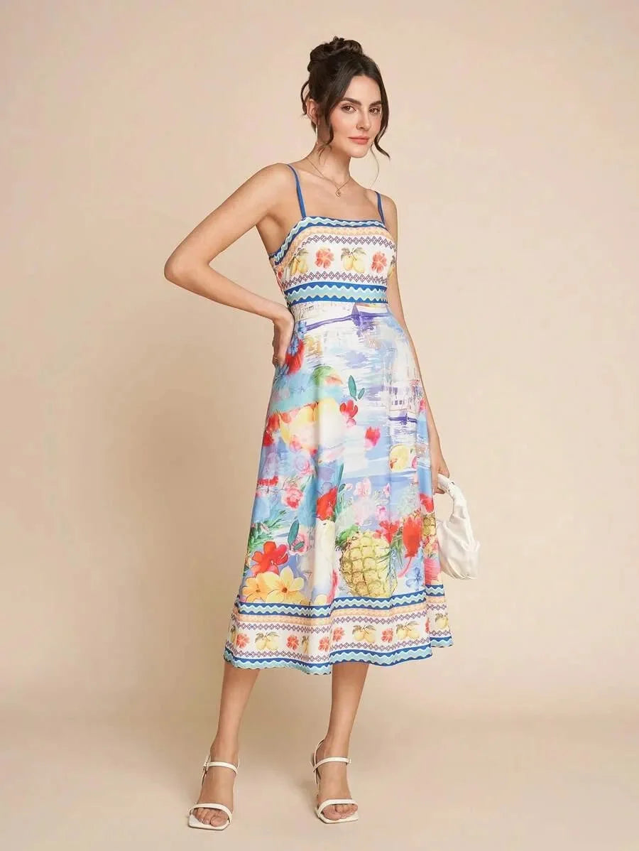 Abito Midi Donna Floreale con Scollo Rettilineo