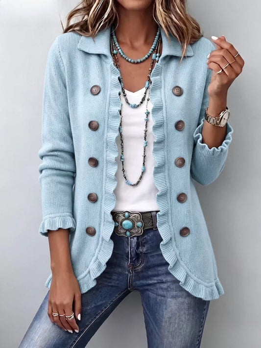 Cecilia | Giacca Donna in Maglia Azzurro Polvere con Volant
