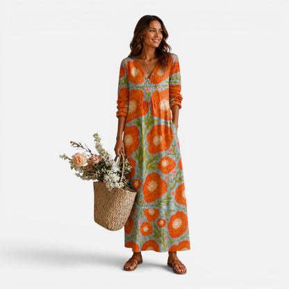 Abito Lungo Donna Floreale Boho con Tasche