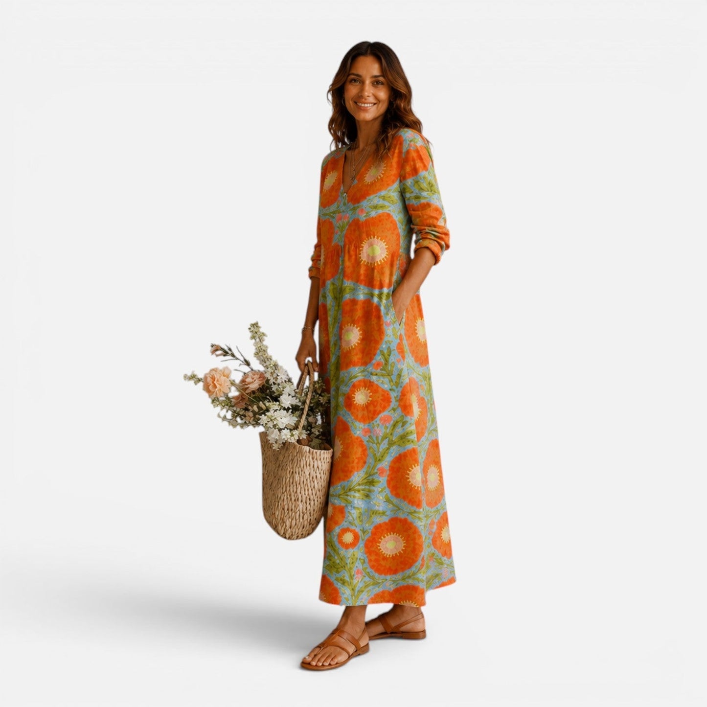 Abito Lungo Donna Floreale Boho con Tasche
