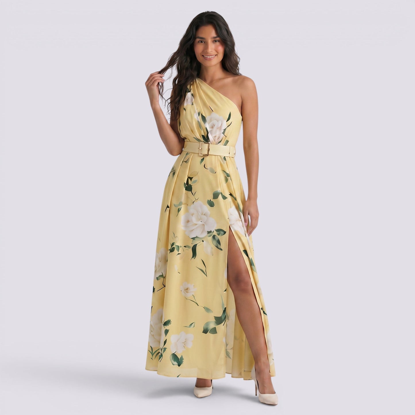 Abito Lungo Donna Stampato con Scollo Asimmetrico