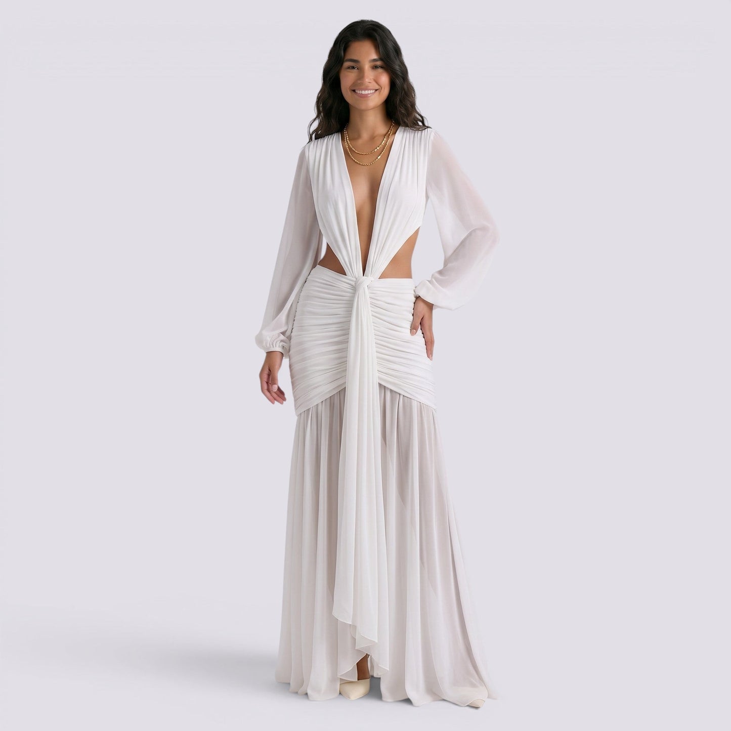 Abito Lungo Donna Aderente con Maniche Lunghe