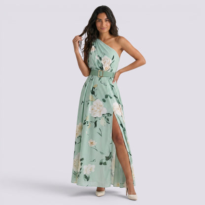 Abito Lungo Donna Stampato con Scollo Asimmetrico