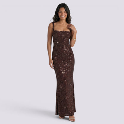 Abito Lungo Donna Brillante con Scollo Quadrato