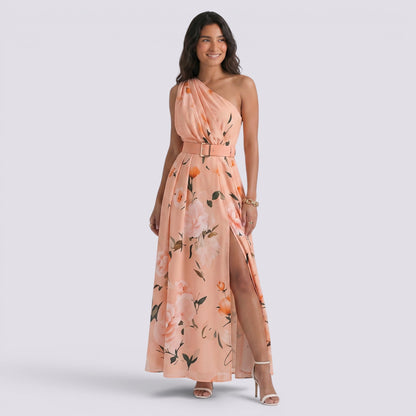 Abito Lungo Donna Stampato con Scollo Asimmetrico