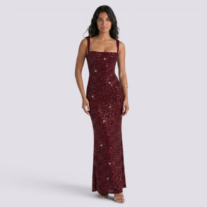 Abito Lungo Donna Brillante con Scollo Quadrato
