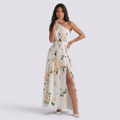 Abito Lungo Donna Stampato con Scollo Asimmetrico