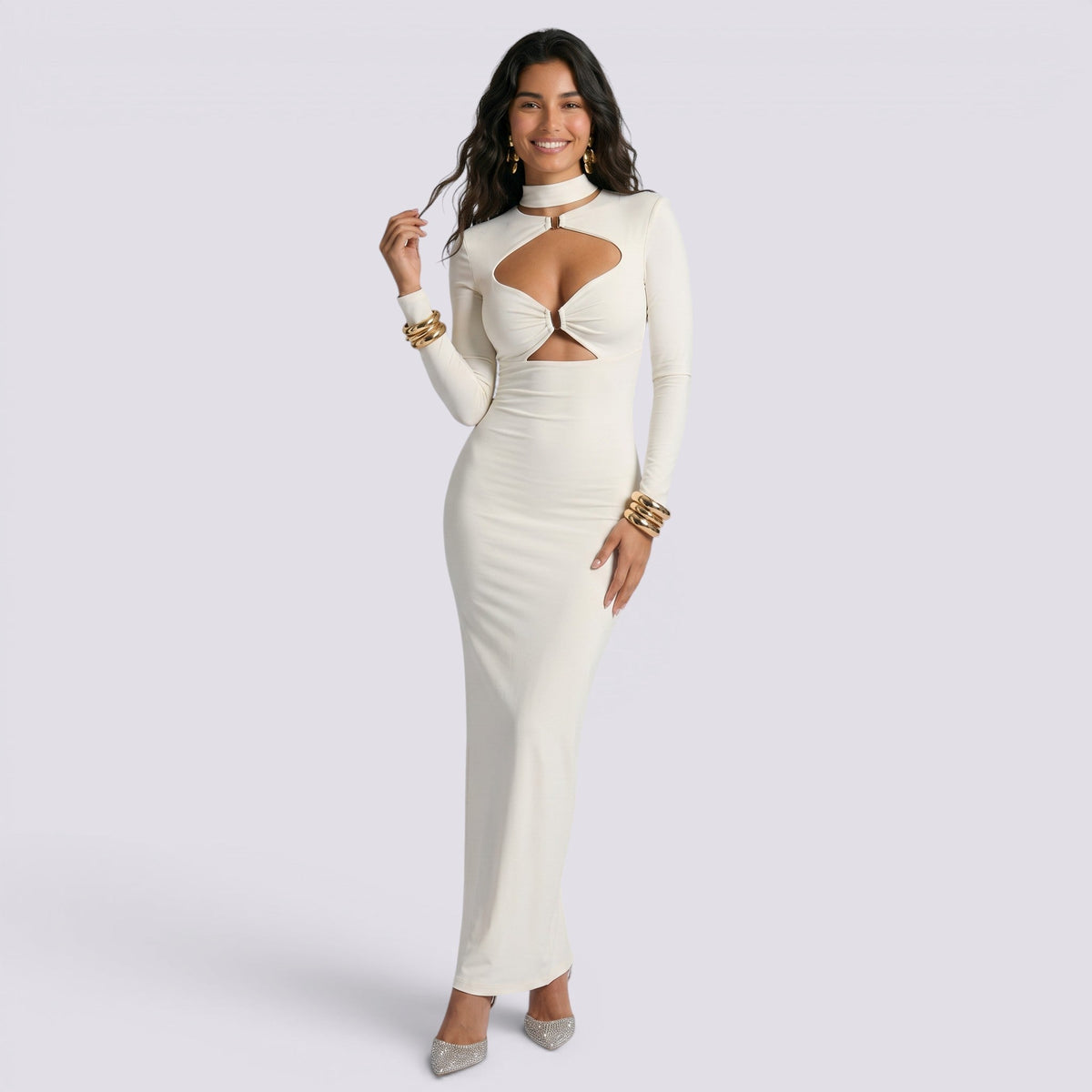 Abito Lungo Donna Tinta Unita con Cut-Out