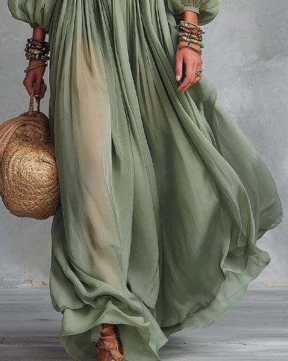 Elodia | Abito Lungo con Ricami Floreali sulle Spalle, Verde Salvia