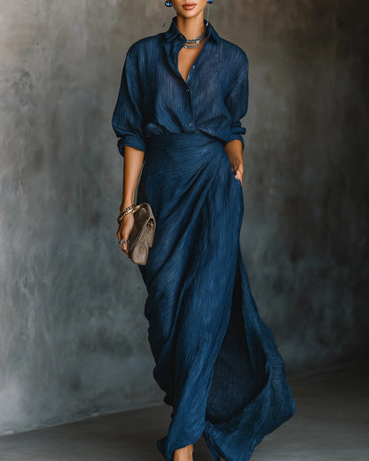 Sara | Completo Camicia Stropicciata e Gonna Lunga a Portafoglio, Blu Scuro