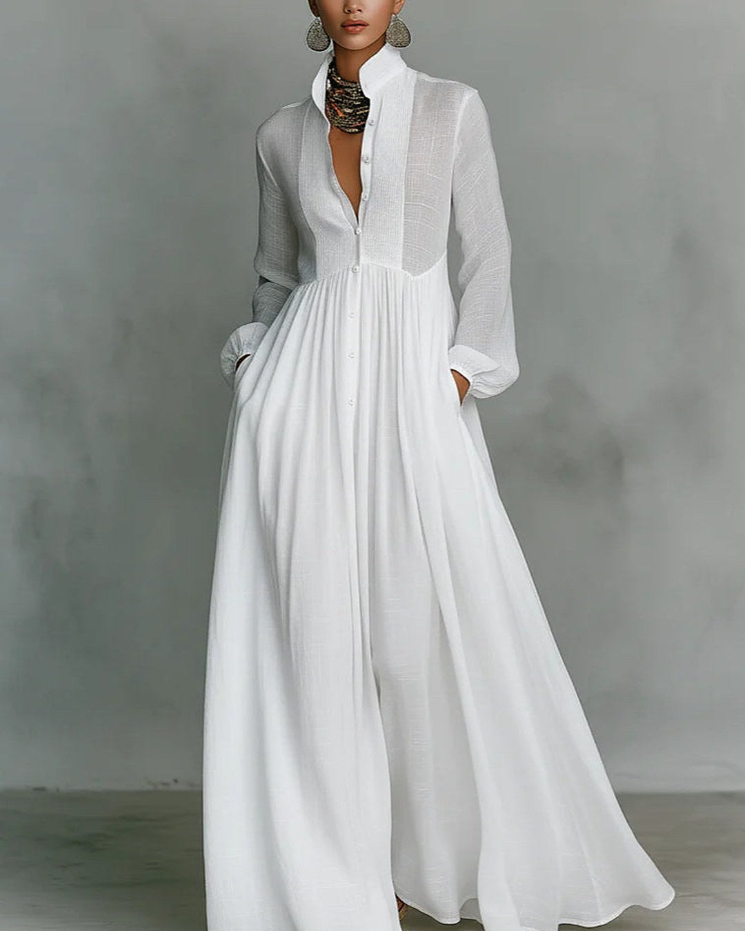 Leonora | Abito Lungo Minimal con Collo Coreano, Bianco