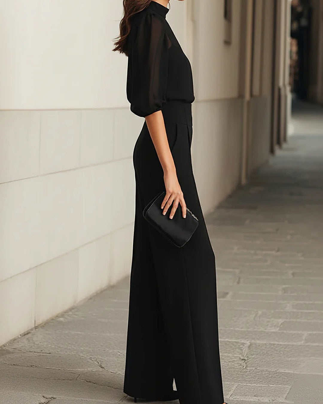 Emma | Completo con Blusa Trasparente e Pantalone a Gamba Larga, Nero