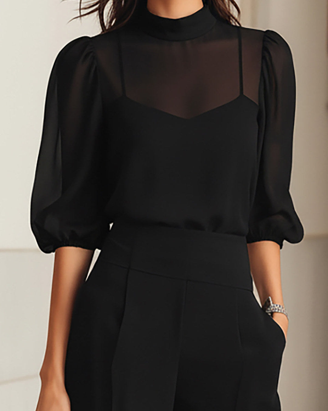 Emma | Completo con Blusa Trasparente e Pantalone a Gamba Larga, Nero
