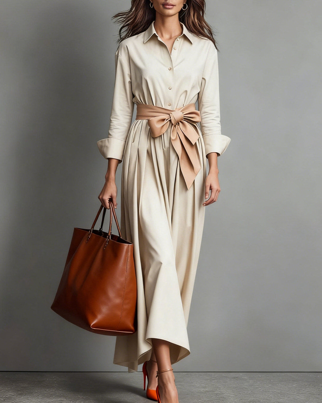 Marisa | Abito a Camicia Midi con Fiocco in Vita