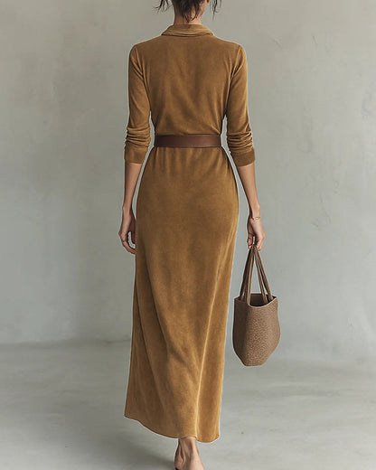 Giada | Abito Lungo Effetto Suede con Colletto a Camicia e Cintura