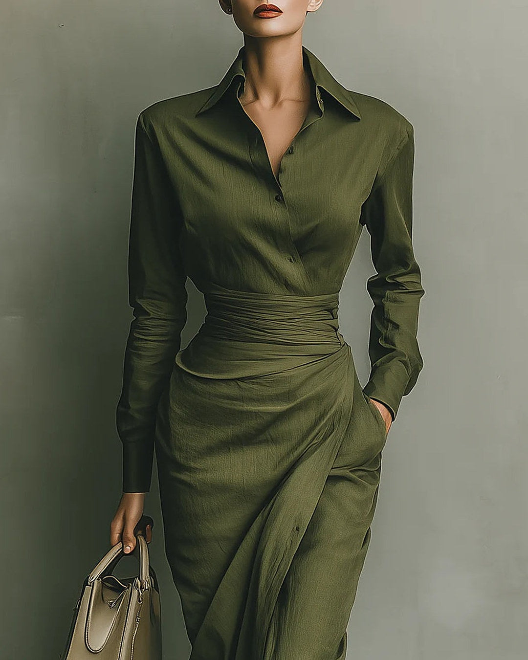 Natalia | Abito a Camicia con Gonna a Portafoglio, Verde Oliva