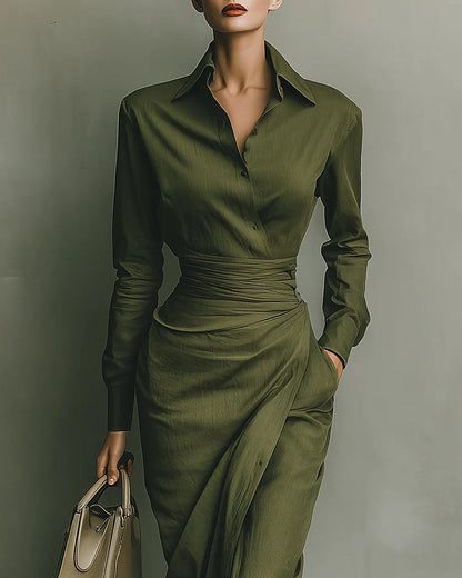 Natalia | Abito a Camicia con Gonna a Portafoglio, Verde Oliva