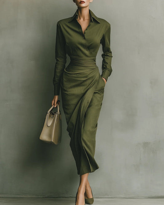 Natalia | Abito a Camicia con Gonna a Portafoglio, Verde Oliva