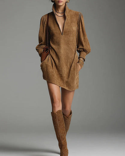 Lucrezia | Abito Morbido Effetto Suede con Zip, Marrone