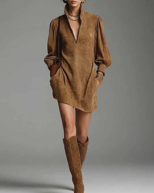 Lucrezia | Abito Morbido Effetto Suede con Zip, Marrone