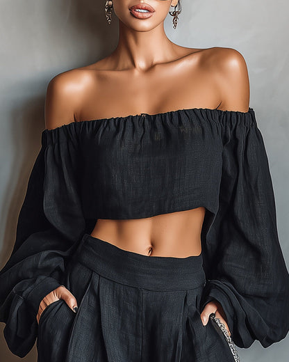Tessa | Completo Spalle Scoperte e Pantalone a Gamba Larga, Nero