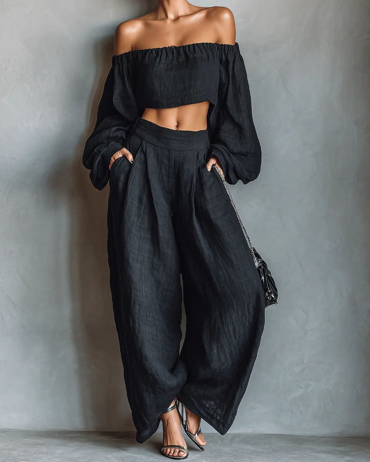 Tessa | Completo Spalle Scoperte e Pantalone a Gamba Larga, Nero