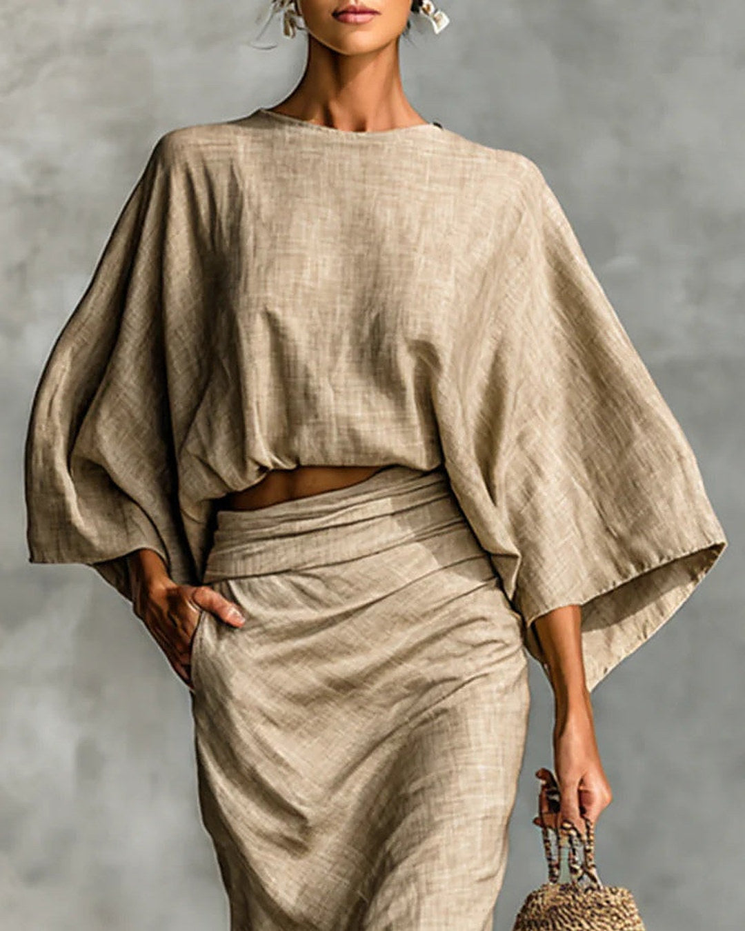 Giulia | Completo Top Corto a Pipistrello e Gonna Lunga Drappeggiata, Kaki