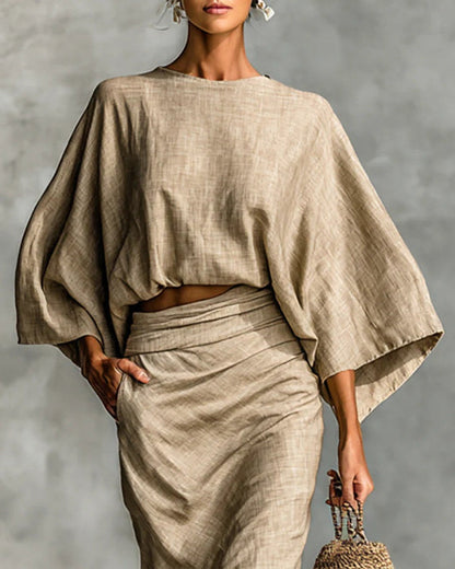 Giulia | Completo Top Corto a Pipistrello e Gonna Lunga Drappeggiata, Kaki