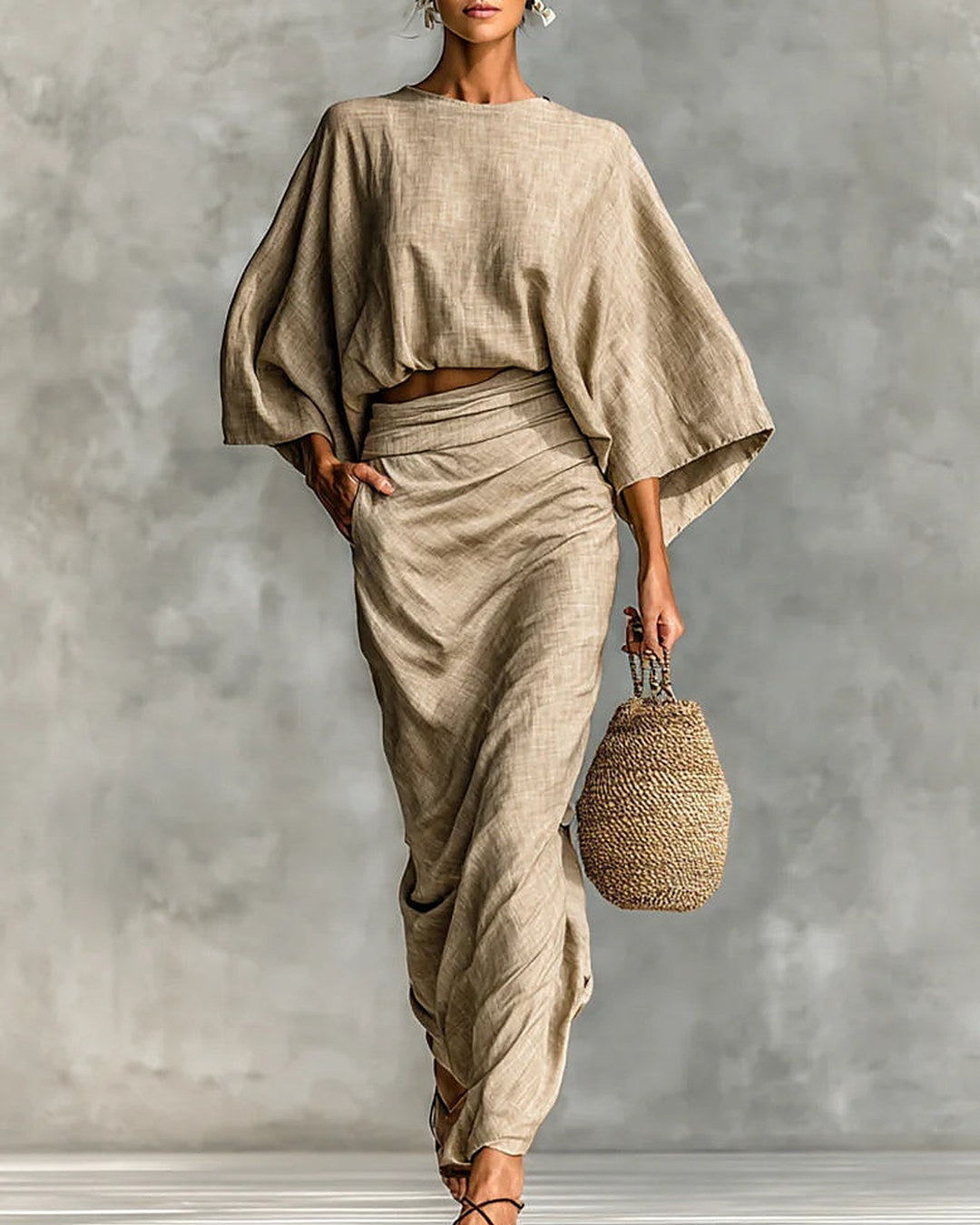Giulia | Completo Top Corto a Pipistrello e Gonna Lunga Drappeggiata, Kaki